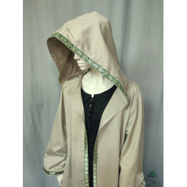 Manteau long et ample beige clair avec capuche ronde et galon vert (unisexe, taille unique) 